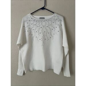 Like New! LIV Milano Embellished White Crewneck Sweater with Silver Accents M